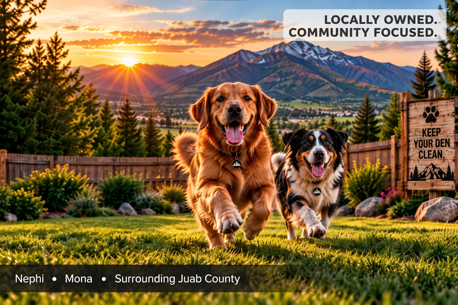 Two dogs enjoying a clean backyard after pet waste removal in Juab County, Utah